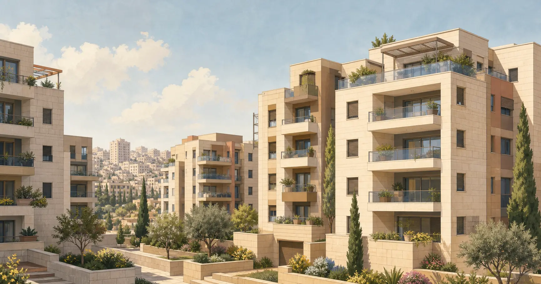 בניין מגורים ישראלי מודרני באור שמש אחר הצהריים